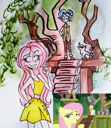 Size: 2848x3281 | Tagged: angel bunny, artist:citi, body swap, derpibooru import, doctor fauna, fluttershy, human, humanized, not fluttershy, raccoon, safe, scene interpretation, screencap, screencap reference, she talks to angel, traditional art