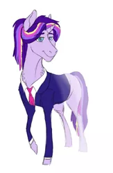 Size: 448x687 | Tagged: safe, artist:phobicalbino, derpibooru import, oc, oc:dusk shine, unofficial characters only, pony, unicorn, clothes, male, necktie, next generation, offspring, parent:princess cadance, parent:shining armor, parents:shiningcadance, ponytail, simple background, solo, stallion, suit, white background