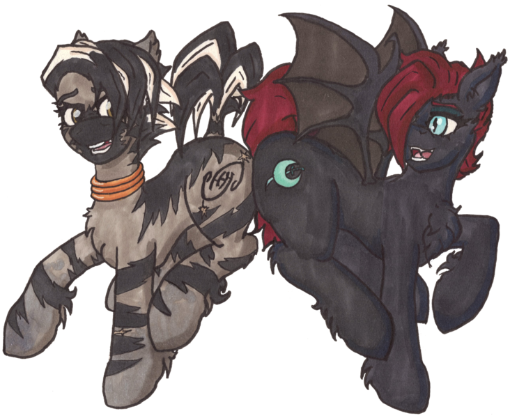 Size: 1464x1200 | Tagged: safe, artist:andras, derpibooru import, oc, oc:night sabre, oc:tapiwa, unofficial characters only, bat pony, pony, zebra, 2020 community collab, derpibooru community collaboration, bat pony oc, bat wings, female, simple background, transparent background, wings, zebra oc