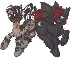 Size: 1464x1200 | Tagged: safe, artist:andras, derpibooru import, oc, oc:night sabre, oc:tapiwa, unofficial characters only, bat pony, pony, zebra, 2020 community collab, derpibooru community collaboration, bat pony oc, bat wings, female, simple background, transparent background, wings, zebra oc