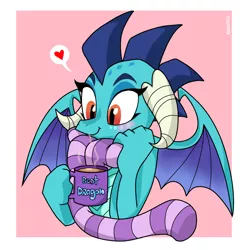 Size: 1414x1414 | Tagged: artist:emositecc, blushing, bust, clothes, coffee mug, commission, cute, derpibooru import, dragon, dragoness, emberbetes, female, heart, mug, princess ember, safe, scarf, smiling, solo