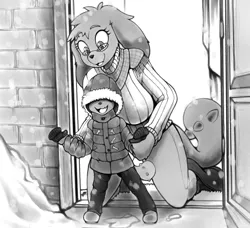 Size: 2194x2000 | Tagged: adorasexy, anthro, artist:replica, child, cute, derpibooru import, diamond dog, digitigrade anthro, glasses, grayscale, monochrome, oc, oc:chalk, safe, sexy, snow, snowfall, unofficial characters only, winter