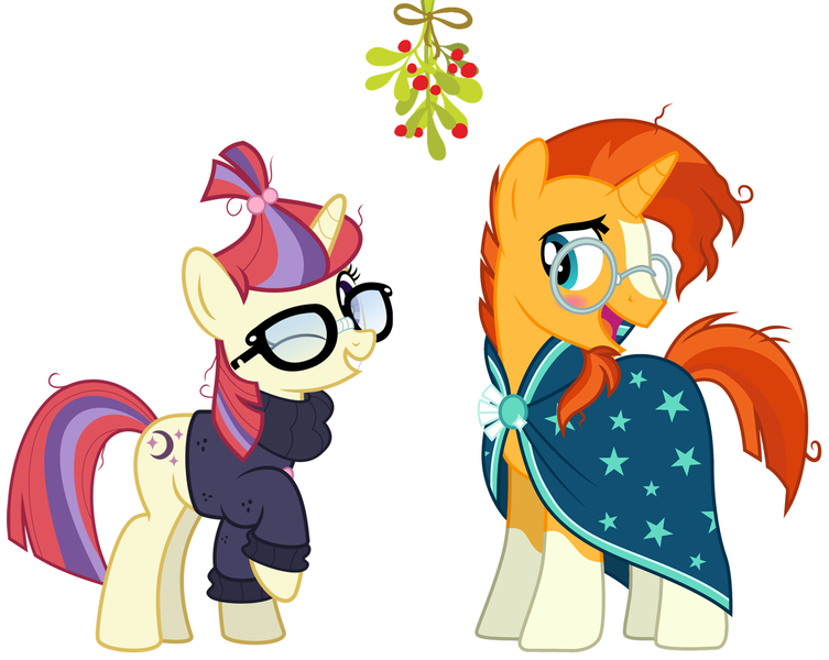 Size: 2100x1674 | Tagged: blushing, christmas, clothes, derpibooru import, egghead, female, hearth's warming, holiday, holly, holly mistaken for mistletoe, male, mistleholly, moonburst, moondancer, one eye closed, safe, shipping, straight, sunburst, sundancer, wink