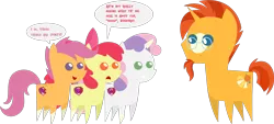 Size: 3315x1495 | Tagged: safe, artist:estories, derpibooru import, edit, editor:slayerbvc, vector edit, apple bloom, scootaloo, sunburst, sweetie belle, earth pony, pegasus, pony, unicorn, apple bloom's bow, bow, cutie mark, cutie mark crusaders, female, filly, glasses, grin, hair bow, horn sock, looking down, male, missing accessory, pointy ponies, ponies wearing sunburst's socks, silly belle, simple background, smiling, sockless sunburst, socks (coat marking), speech bubble, stallion, sunburst's glasses, the cmc's cutie marks, transparent background, vector