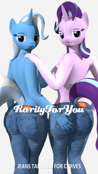 Size: 2160x3840 | Tagged: suggestive, artist:daveman1000, derpibooru import, starlight glimmer, trixie, anthro, unicorn, 3d, advertisement, ass, bedroom eyes, big breasts, breasts, busty starlight glimmer, busty trixie, butt, butt touch, clothes, curvy, glimmer glutes, grin, hand on butt, hand on shoulder, jeans, looking at the camera, looking at you, looking back, looking back at you, looking over shoulder, modeling, pants, partial nudity, posing for photo, poster, puckered lips, rarity for you, sexy, sideboob, simple background, smiling, strategically covered, the great and powerful ass, topless, white background