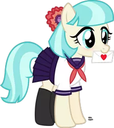 Size: 1504x1684 | Tagged: safe, artist:anime-equestria, derpibooru import, coco pommel, earth pony, pony, blushing, clothes, cocobetes, crossover, cute, envelope, female, happy, heart, letter, long socks, love, love letter, mare, miniskirt, mouth hold, necktie, parody, pleated skirt, sailor uniform, school uniform, schoolgirl, simple background, skirt, socks, solo, transparent background, uniform, vector, yandere, yandere simulator