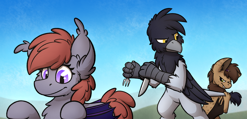Size: 3384x1633 | Tagged: safe, artist:moemneop, derpibooru import, oc, oc:lukida, oc:neop, oc:skraww, unofficial characters only, bat, bat pony, gryphon, pony, female, food chain, fork, griffons doing griffon things, implied vore, knife, mare, predator, prey, tail, tail pull