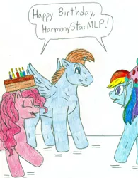 Size: 832x1065 | Tagged: safe, artist:jose-ramiro, derpibooru import, pinkie pie, rainbow dash, oc, oc:harmony star, alicorn, pegasus, pony, alicorn oc, cake, female, food, hat, horn, male, mare, party hat, stallion, traditional art, wings