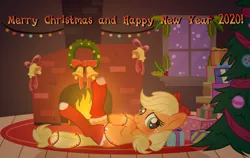 Size: 4790x3024 | Tagged: safe, artist:xxloro-uwu, derpibooru import, applejack, earth pony, pony, bell, blushing, bobble, bow, christmas, christmas lights, christmas tree, christmas wreath, clothes, cute, female, fire, fireplace, freckles, hair bow, happy new year, happy new year 2020, holiday, holly, holly mistaken for mistletoe, jackabetes, looking at you, mare, missing cutie mark, present, raised hoof, raised leg, snow, socks, stockings, thigh highs, tree, window, wreath