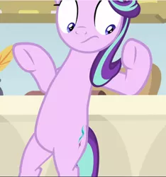 Size: 882x941 | Tagged: safe, derpibooru import, screencap, starlight glimmer, pony, unicorn, a horse shoe-in, belly, bipedal, bipedal leaning, chubby, cropped, desk, female, leaning, leaning back, looking down, mare, shrunken pupils, solo, surprised, underhoof