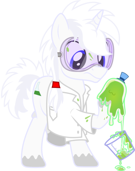 Size: 3000x3801 | Tagged: safe, artist:pirill, derpibooru import, smooze, oc, oc:litmus paper, unofficial characters only, pony, unicorn, 2020 community collab, derpibooru community collaboration, beaker, clothes, cutie mark, goggles, hair tie, lab coat, male, safety goggles, simple background, solo, stallion, transparent background, vector