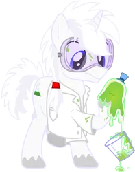 Size: 3000x3801 | Tagged: safe, artist:pirill, derpibooru import, smooze, oc, oc:litmus paper, unofficial characters only, pony, unicorn, 2020 community collab, derpibooru community collaboration, beaker, clothes, cutie mark, goggles, hair tie, lab coat, male, safety goggles, simple background, solo, stallion, transparent background, vector
