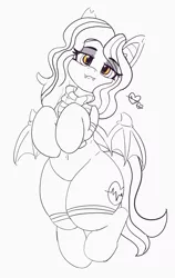 Size: 4706x7436 | Tagged: safe, artist:pabbley, derpibooru import, oc, oc:arrhythmia, unofficial characters only, bat pony, absurd resolution, bat pony oc, bat wings, bedroom eyes, belly button, clothes, eyeshadow, fangs, female, floating heart, heart, hooves to the chest, makeup, partial color, scarf, simple background, socks, solo, white background, wings