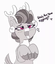 Size: 2583x3020 | Tagged: suggestive, artist:pabbley, derpibooru import, bori the reindeer, deer, reindeer, best gift ever, antlers, bell, blushing, cloven hooves, cute, dialogue, female, females only, floating heart, heart, hooves to the chest, horns, monochrome, partial color, solo, tongue out