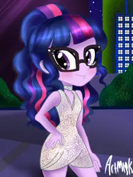 Size: 1536x2048 | Tagged: safe, artist:artmlpk, derpibooru import, sci-twi, twilight sparkle, equestria girls, alternate hairstyle, blushing, bush, choker, city, cityscape, clothes, curly hair, cute, design, dress, fashion, fashion style, female, hand on hip, jewelry, looking at you, necklace, night, night sky, party dress, ponytail, short dress, sidewalk, sky, solo, town, toy, twiabetes