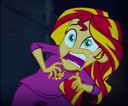 Size: 586x488 | Tagged: suggestive, artist:thedarkpony, derpibooru import, edit, edited screencap, screencap, sunset shimmer, equestria girls, rainbow rocks, accident, clothes, cropped, exploitable meme, fear wetting, fetish, pajamas, pee edit, pissing, scared, sunset screamer, urine, watersports, wetting