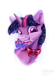 Size: 1592x2198 | Tagged: safe, artist:teaflower300, derpibooru import, twilight sparkle, pony, bowtie, bust, candy, candy cane, cheek fluff, cute, ear fluff, female, food, mare, mouth hold, portrait, simple background, smiling, solo, twiabetes, white background