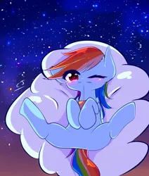 Size: 4176x4927 | Tagged: safe, artist:crackerjackvn, derpibooru import, rainbow dash, pegasus, pony, absurd resolution, blushing, cloud, colored pupils, cute, dashabetes, ear fluff, featureless crotch, female, hooves to the chest, mare, night, on a cloud, one eye closed, sky, solo, starry night, stars, wink