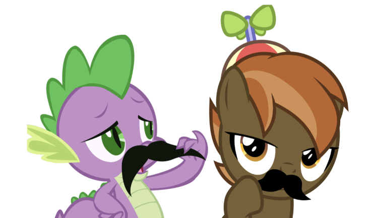 Size: 750x433 | Tagged: safe, artist:lahirien, artist:vigorousjammer, derpibooru import, edit, editor:undeadponysoldier, button mash, spike, earth pony, pony, colt, facial hair, hat, male, moustache, propeller hat, simple background, white background