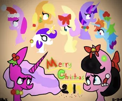 Size: 1004x828 | Tagged: safe, artist:kittycatrittycat, derpibooru import, applejack, fluttershy, pinkie pie, rainbow dash, rarity, twilight sparkle, oc, oc:foxlit loxlet, oc:kittycatrittycat, earth pony, pegasus, pony, unicorn, comic:soarin to the rainbow, 2019, bow, christmas, christmas tree, female, hat, holiday, holly, jappleack, lights, merry christmas, pinkamena diane pie, tree