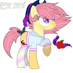 Size: 894x894 | Tagged: safe, artist:bublebee123, derpibooru import, oc, oc:shiny apple (ice1517), unofficial characters only, earth pony, pony, blushing, clothes, cowboy hat, female, freckles, hat, mare, rainbow socks, raised hoof, shirt, simple background, socks, solo, striped socks, tail wrap, transparent background