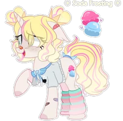 Size: 2724x2695 | Tagged: safe, artist:bublebee123, derpibooru import, oc, oc:soda frosting, unofficial characters only, pony, unicorn, bandaid, blushing, bowtie, clothes, female, freckles, leg warmers, mare, open mouth, raised hoof, shirt, simple background, solo, tail wrap, transparent background