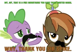 Size: 646x437 | Tagged: safe, artist:lahirien, artist:vigorousjammer, derpibooru import, edit, edited edit, editor:undeadponysoldier, button mash, spike, dragon, earth pony, pony, british, colt, compliment, duo, facial hair, hat, male, moustache, propeller hat, simple background, white background