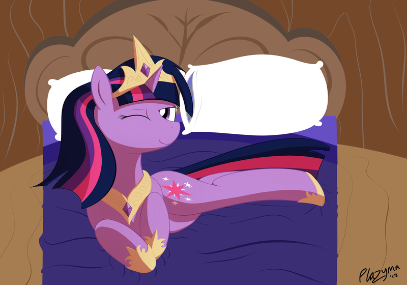 Size: 5000x3500 | Tagged: safe, artist:plazyma, derpibooru import, twilight sparkle, pony, absurd resolution, bed, crown, cute, female, hoof shoes, jewelry, mare, on bed, one eye closed, peytral, pillow, prone, regalia, solo, twiabetes, wink