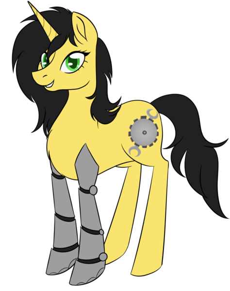 Size: 947x1200 | Tagged: safe, artist:puddingskinmcgee, derpibooru import, oc, oc:gadget steelmare, unofficial characters only, cyborg, pony, unicorn, 2020 community collab, derpibooru community collaboration, amputee, female, prosthetic limb, prosthetics, simple background, solo, standing, transparent background