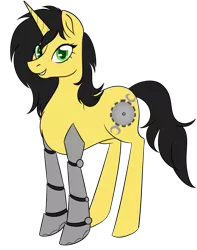 Size: 947x1200 | Tagged: safe, artist:puddingskinmcgee, derpibooru import, oc, oc:gadget steelmare, unofficial characters only, cyborg, pony, unicorn, 2020 community collab, derpibooru community collaboration, amputee, female, prosthetic limb, prosthetics, simple background, solo, standing, transparent background