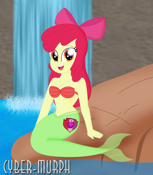 Size: 1972x2256 | Tagged: safe, artist:cyber-murph, derpibooru import, apple bloom, mermaid, equestria girls, adorabloom, apple bloom's bow, belly, belly button, bow, breasts, cleavage, clothes, cute, hair bow, mermaidized, midriff, rock, shell bra, signature, sitting, solo, species swap, underwater, waterfall