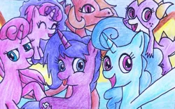 Size: 1276x789 | Tagged: safe, artist:melisareb, derpibooru import, oc, oc:amber, oc:betty pop, oc:ehenk berrytwist, oc:marcy, oc:spring legrt, oc:storm lightning, unofficial characters only, dragon, pony, unicorn, cute, dragoness, female, filly, freckles, happy, levitation, magic, magical lesbian spawn, mare, ocbetes, offspring, parent:garble, parent:glitter drops, parent:prominence, parent:spring rain, parent:tempest shadow, parents:garbinence, parents:glittershadow, parents:springdrops, parents:springshadow, self-levitation, selfie, smiling, telekinesis, tongue out, traditional art