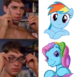 Size: 1024x1024 | Tagged: safe, artist:supermatt314, artist:vladimirmacholzraum, derpibooru import, rainbow dash, rainbow dash (g3), human, pony, cute, female, g3, glasses, happy, male, mare, meme, peter parker, simple background, smiling, spider-man, that explains everything, wat, white background