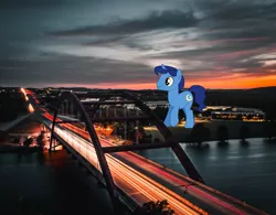 Size: 1777x1386 | Tagged: safe, artist:jeatz-axl, derpibooru import, night light, pony, unicorn, austin, bridge, giant pony, highrise ponies, irl, macro, male, photo, ponies in real life