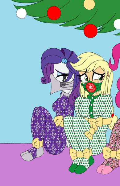 Size: 1980x3054 | Tagged: questionable, artist:supra80, derpibooru import, applejack, pinkie pie, rarity, equestria girls, bondage, bound and gagged, bound wrists, breasts, christmas, christmas tree, cloth gag, clothes, crying, footed sleeper, gag, gift wrapped, holiday, kidnapped, makeup, ornaments, otn gag, over the nose gag, pajamas, photoshop, ribbon, running makeup, tied hands, tied up, tree, unmoving plaid, wip