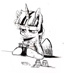 Size: 1626x1858 | Tagged: safe, artist:draw3, derpibooru import, twilight sparkle, twilight sparkle (alicorn), alicorn, pony, /mlp/, 4chan, alcohol, bits, chest fluff, drawthread, glass, monochrome, shot glass, solo