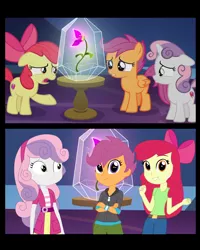 Size: 1276x1594 | Tagged: safe, artist:sketchmcreations, derpibooru import, edit, edited screencap, screencap, apple bloom, scootaloo, sweetie belle, earth pony, pegasus, pony, unicorn, equestria girls, growing up is hard to do, bow, comic, cutie mark crusaders, female, filly, floppy ears, flower, gritted teeth, hair bow, hooves, horn, open mouth, pony to human, sad, screencap comic, tabun, twilight's castle, wings, wishing flower