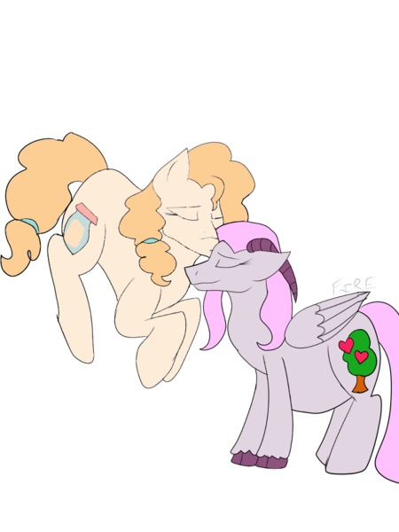 Size: 774x1033 | Tagged: safe, artist:fireboltpug, derpibooru import, pear butter, oc, oc:beryl (discoshy), oc:iron granite, ghost, ghost pony, hybrid, pony, undead, duo, duo female, eyes closed, female, image, interspecies offspring, kiss on the head, kissing, multiple pregnancy, offspring, parent:discord, parent:fluttershy, parents:discoshy, png, pregnant, spirit