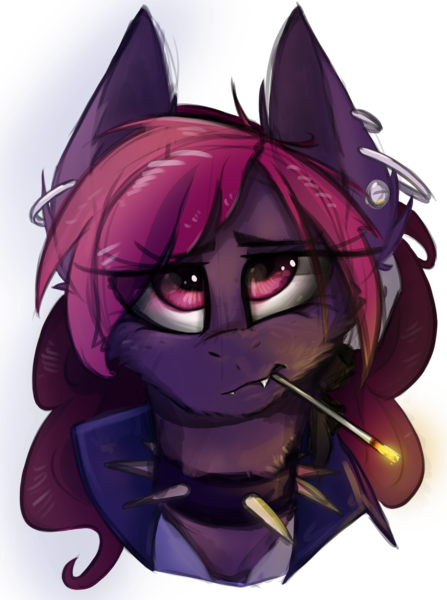 Size: 2000x2684 | Tagged: safe, artist:ignis, derpibooru import, oc, oc:belladonna, unofficial characters only, bat pony, art trade, collar, ear piercing, piercing, simple background, smoking, solo, spiked collar, transparent background