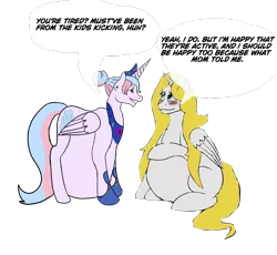 Size: 586x539 | Tagged: alicorn, alicornified, alicorn oc, artist:fireboltpug, belly, blushing, cute, derpibooru import, dialogue, duo, duo female, female, hoof on belly, horn, hyper, hyper belly, hyper pregnancy, impossibly large belly, multiple pregnancy, oc, ocbetes, oc:bundle joy, offspring, offspring's offspring, parent:oc:shimmering glow, parent:princess flurry heart, parents:canon x oc, pregnant, race swap, safe, sitting, wings