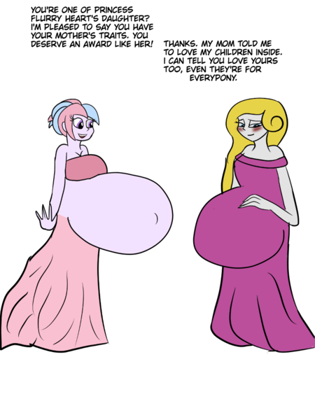 Size: 774x1033 | Tagged: safe, artist:fireboltpug, derpibooru import, oc, oc:bundle joy, human, equestria girls, belly, blushing, dialogue, duo, duo female, female, hand on belly, hyper, hyper belly, hyper pregnancy, impossibly large belly, multiple pregnancy, offspring, offspring's offspring, parent:oc:shimmering glow, parent:princess flurry heart, parents:canon x oc, pregnant