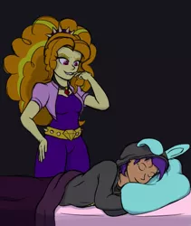 Size: 1075x1276 | Tagged: suggestive, artist:thehuskylord, derpibooru import, adagio dazzle, oc, human, equestria girls, bed, bunny ears, clothes, costume, crying, dangerous mission outfit, digital art, duo, goggles, hand on hip, hoodie, image, imminent rape, imminent sex, implied rape, jennabun, lip bite, lolicon, on bed, png, shading, simple background, sleeping, tulpa, underage