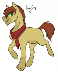 Size: 514x639 | Tagged: safe, artist:phobicalbino, derpibooru import, oc, oc:honey crisp, unofficial characters only, earth pony, pony, clothes, magical lesbian spawn, male, offspring, parent:applejack, parent:fluttershy, parents:appleshy, scarf, simple background, solo, stallion, trotting, white background