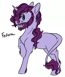 Size: 403x480 | Tagged: safe, artist:phobicalbino, derpibooru import, oc, oc:fedora, unofficial characters only, pony, unicorn, beard, facial hair, glasses, grin, leonine tail, long mane, magical lesbian spawn, male, next generation, offspring, parent:pinkie pie, parent:rarity, parents:raripie, raised hoof, sideburns, simple background, smiling, solo, stallion, unshorn fetlocks, white background