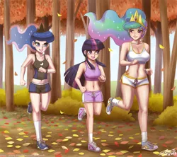 Size: 1500x1331 | Tagged: artist:johnjoseco, ask gaming princess luna, autumn, beautiful, beautisexy, belly button, breasts, bush, busty princess celestia, busty princess luna, busty twilight sparkle, cleavage, clothes, converse, derpibooru import, forest, happy, human, humanized, jogging, leaves, legs, midriff, princess celestia, princess luna, running, running of the leaves, safe, sexy, shoes, shorts, smiling, sneakers, socks, sports bra, tallestia, tanktop, tree, trio, twilight sparkle, woodlands