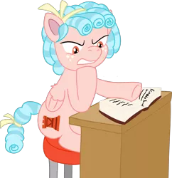 Size: 2986x3088 | Tagged: safe, alternate version, artist:poniidesu, derpibooru import, cozy glow, pegasus, pony, /mlp/, angry, blue mane, blue tail, book, bow, cozy glow is not amused, cozybetes, curly mane, cute, desk, female, filly, foal, freckles, friendship journal, simple background, sitting, solo, stool, transparent background