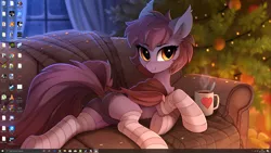 Size: 2560x1440 | Tagged: safe, artist:tomatocoup, artist:yakovlev-vad, derpibooru import, oc, oc:ventress, unofficial characters only, bat pony, christmas, christmas tree, clothes, couch, cute, desktop, holiday, present, screenshots, socks, solo, striped socks, tree