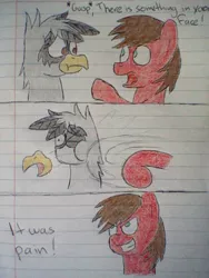 Size: 480x640 | Tagged: safe, artist:daisuler1994, derpibooru import, oc, oc:blitz inferno, oc:daisuler, unofficial characters only, earth pony, gryphon, asdfmovie, beak, beakless, cartoon physics, cheek bulge, comic, duo, face, gasp, griffon oc, grin, i have no mouth and i must scream, lined paper, modular, no mouth, open beak, open mouth, pain, parody, slap, smiling, traditional art, wat