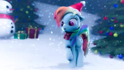 Size: 1920x1080 | Tagged: safe, artist:rainbowdashsnipers, derpibooru import, rainbow dash, pegasus, pony, 3d, christmas, christmas tree, clothes, cute, eyes on the prize, happy hearth's warming, hat, hearth's warming eve, holiday, present, santa hat, scarf, snow, snowfall, snowflake, snowman, source filmmaker, tree, weapons-grade cute
