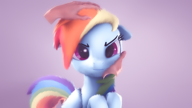 Size: 1920x1080 | Tagged: safe, artist:rainbowdashsnipers, derpibooru import, rainbow dash, human, pegasus, pony, 3d, fluffy, human on pony petting, petting, rainbow dash is not amused, source filmmaker, unamused